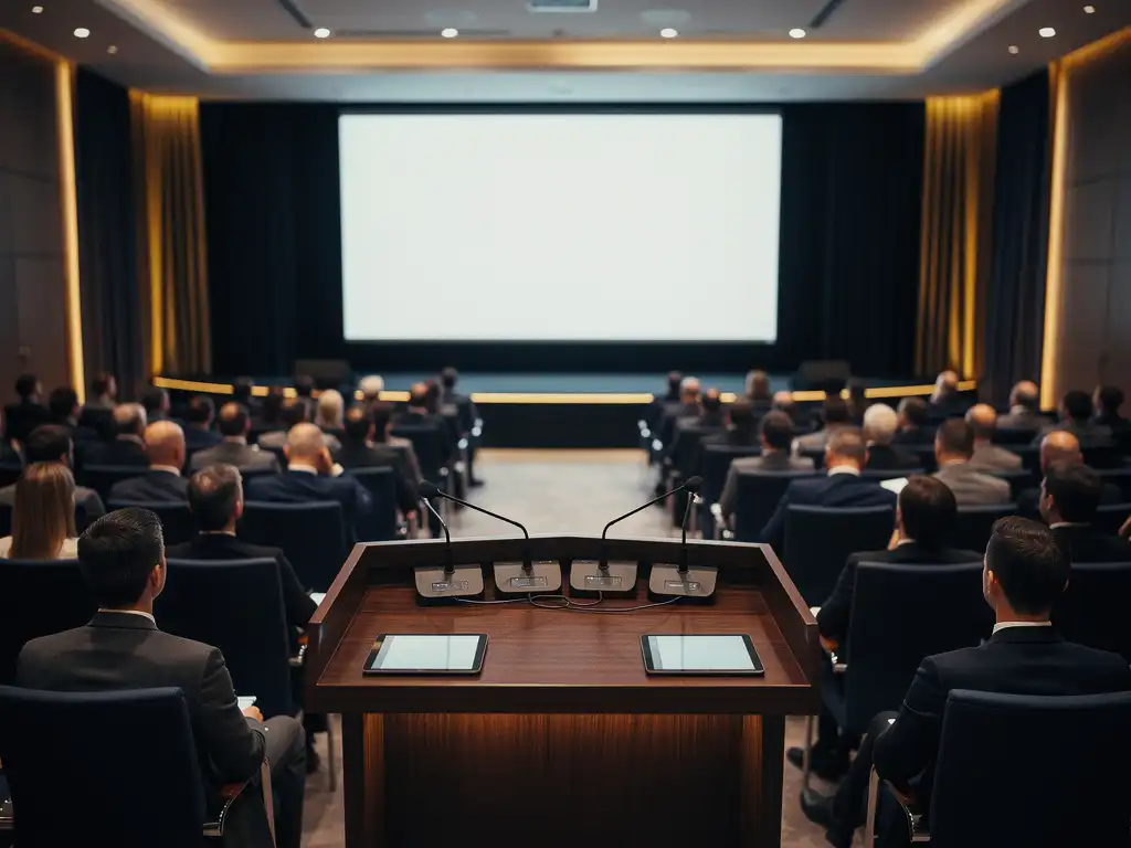 Conferentiezaal met rijen bezoekers, verlicht podium met presentatiescherm en microfoons in warm amber licht.
