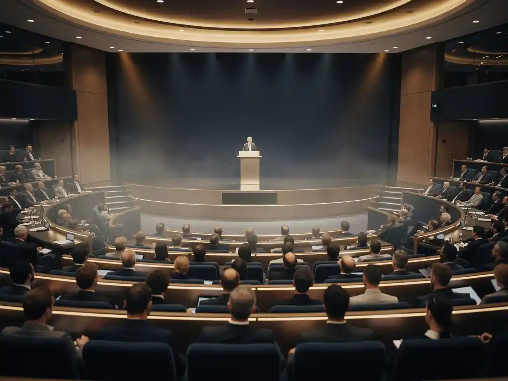 Moderne conferentiezaal met gebogen zitrijen, professionals gericht op een verlicht podium, warme gouden sfeerverlichting in marineblauw interieur.