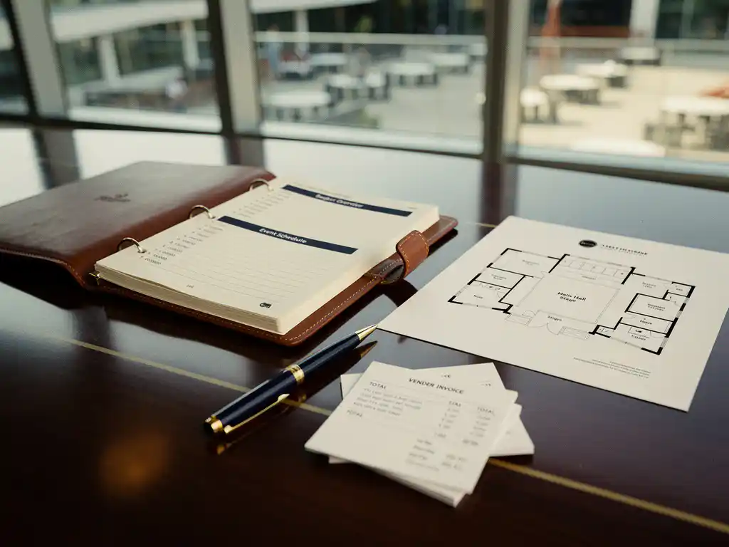 Congresbudget uitgespreid op vergadertafel met leren planner, venueplattegrond, leveranciersfacturen en pen in warm natuurlijk licht.