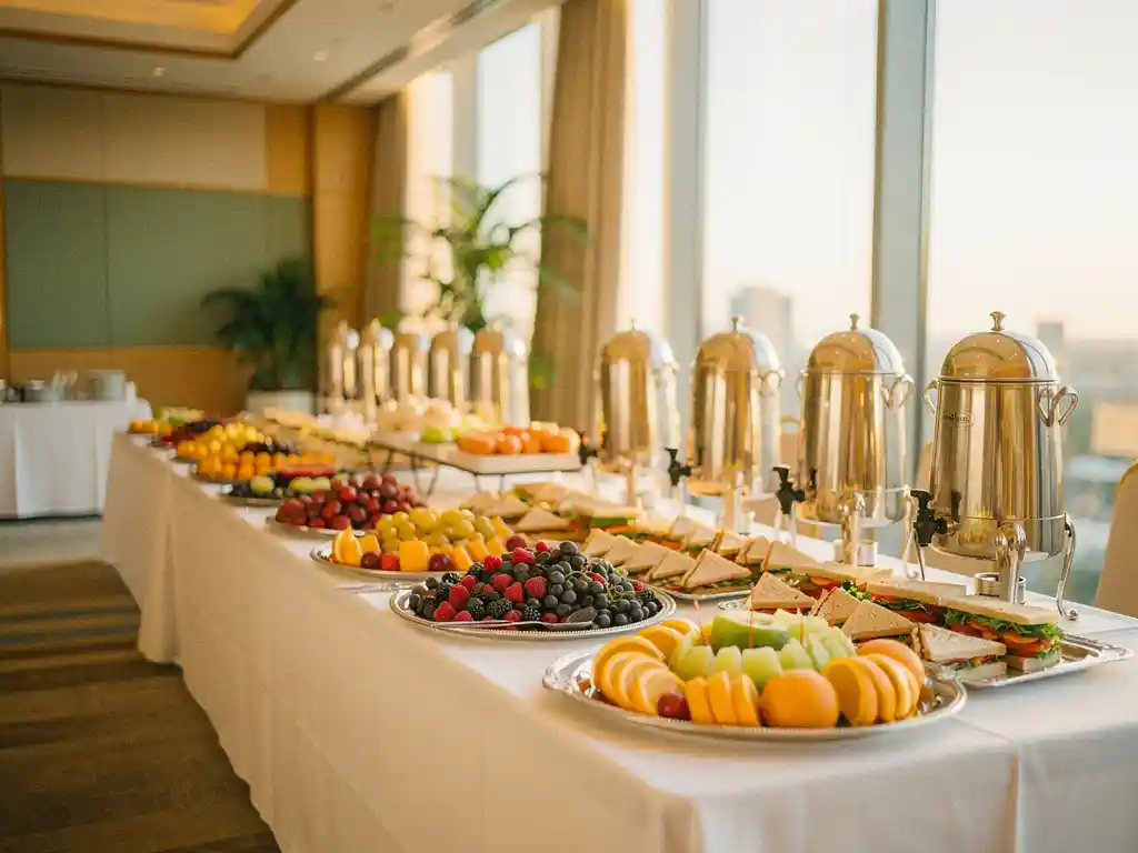 Conferentietafel met zilveren schalen, vers fruit, ambachtelijke sandwiches en koffie-urnen in een moderne congreszaal met gouden middaglicht.