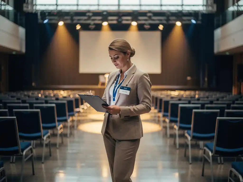 Eventplanner controleert congresplanning op klembord in grote conferentiezaal met lege stoelen en verlicht podium.