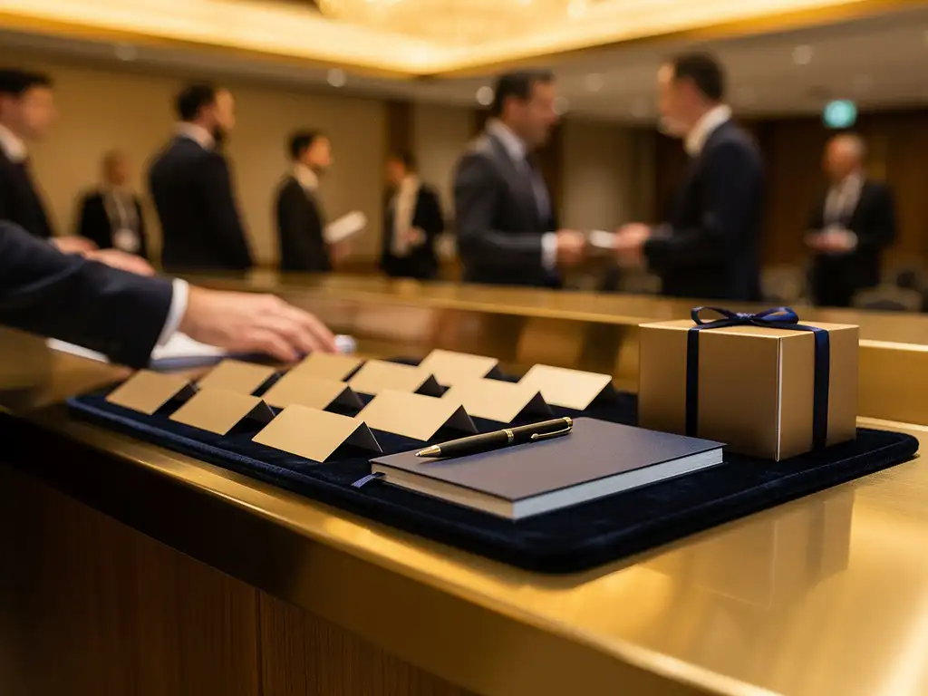 Congresregistratiebalie met naamkaartjes en welkomstpakket, omgeven door goed geklede professionals in een feestelijk verlichte congreshal.