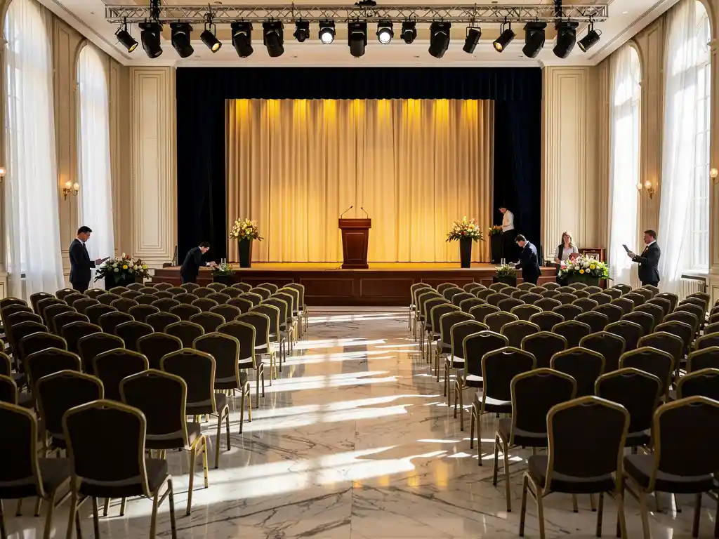 Grote congreszaal met gestoelrijen, houten podium en personeel dat bloemen en spotlights regelt in ivoor- en marineblauw decor.