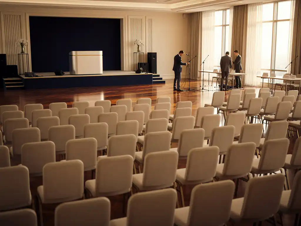 Lege congreshal met nette stoelrijen voor een podium, terwijl medewerkers microfoons instellen en naamplaatjes op registratietafels plaatsen.