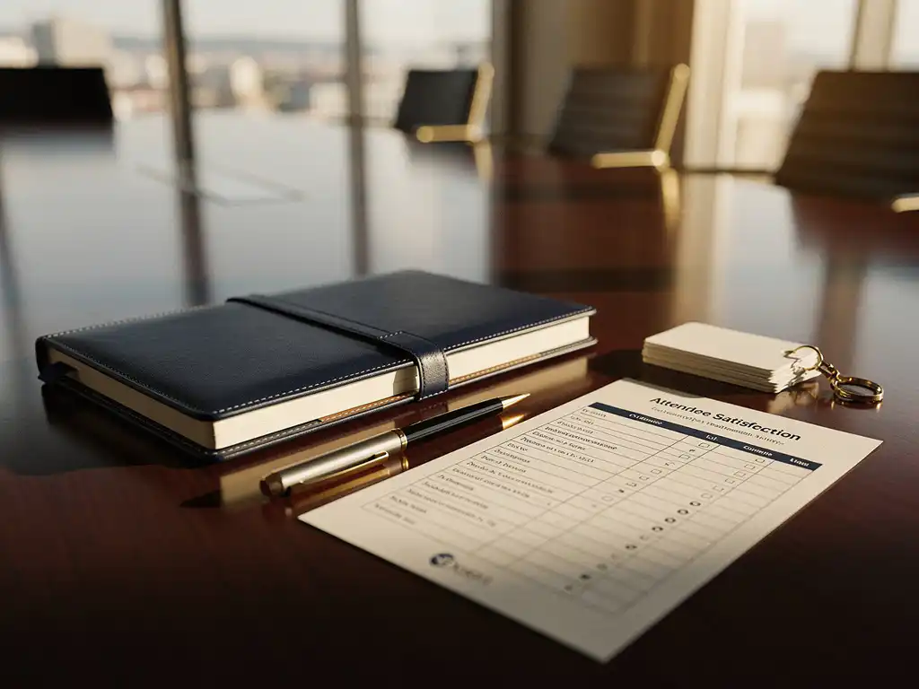 Opengeslagen leren evenementenplanner op vergadertafel met tevredenheidsformulier, pen en naamkaartjes in warm middaglicht.
