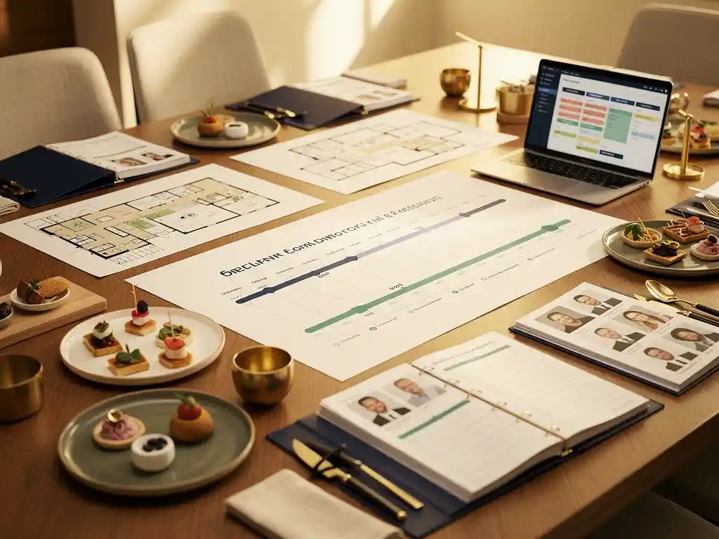 Gedetailleerde evenementenplanning op vergadertafel met venueplattegronden, cateringmonsters, sprekersportfolio's en laptop met planningsoverzicht.