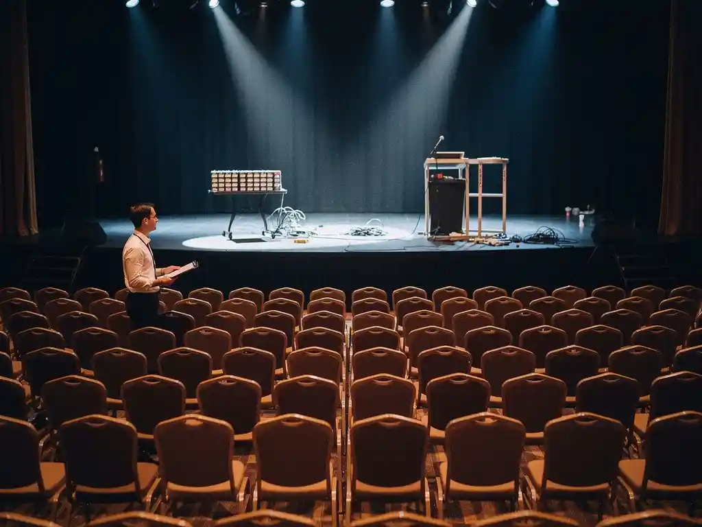 Eventplanner met klembord inspecteert lege conferentiezaal met stoelrijen, onafgewerkt podium en dramatische amber-marineverlichting.
