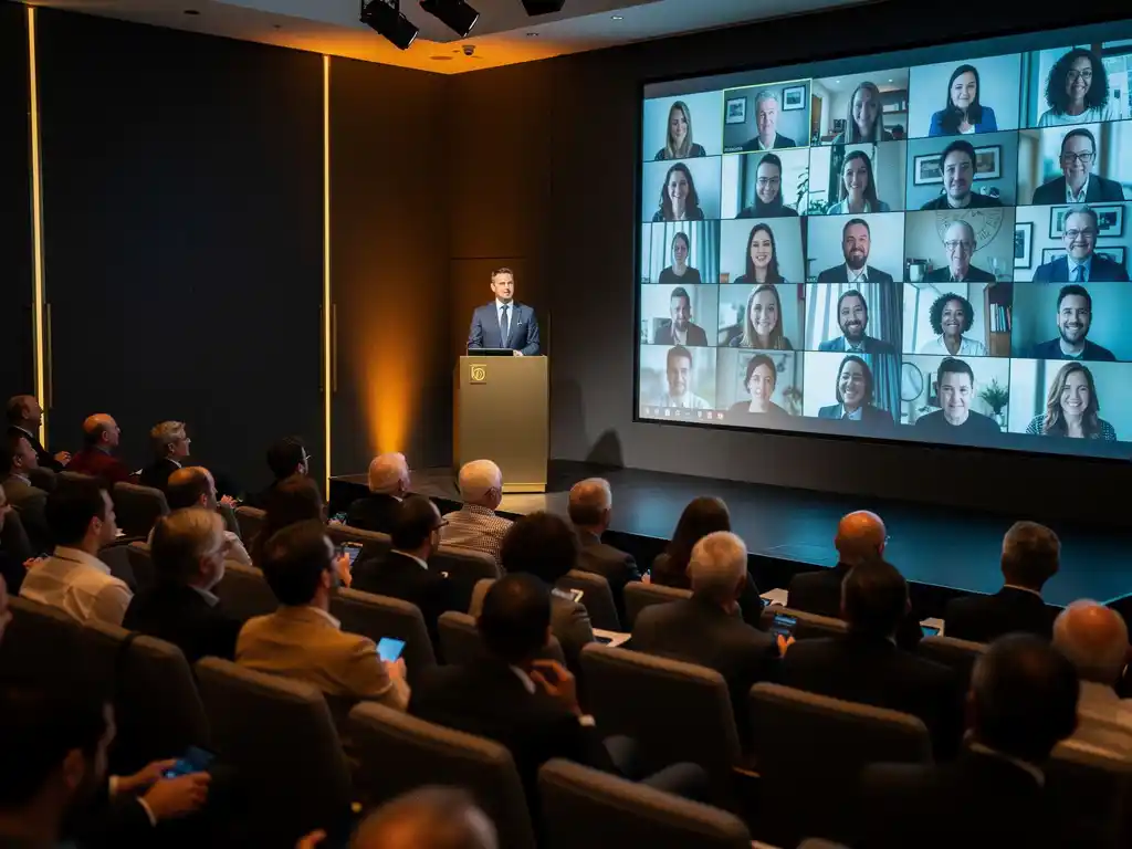 Presentator aan podium verbindt live publiek met externe deelnemers op groot videoscherm in moderne conferentiezaal.