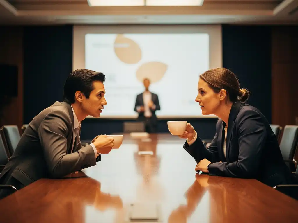 Twee conferentiedeelnemers in gesprek met koffie, spreker op groot scherm op de achtergrond, warme sfeer in moderne vergaderzaal.