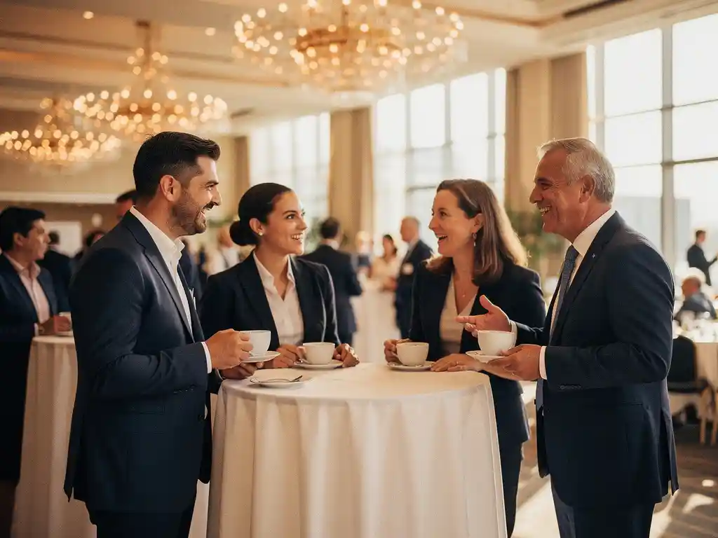 Professionals in zakelijk tenue in gesprek tijdens een conferentienetwerk pauze, koffiekopjes in hand, warm verlichte congresruimte.