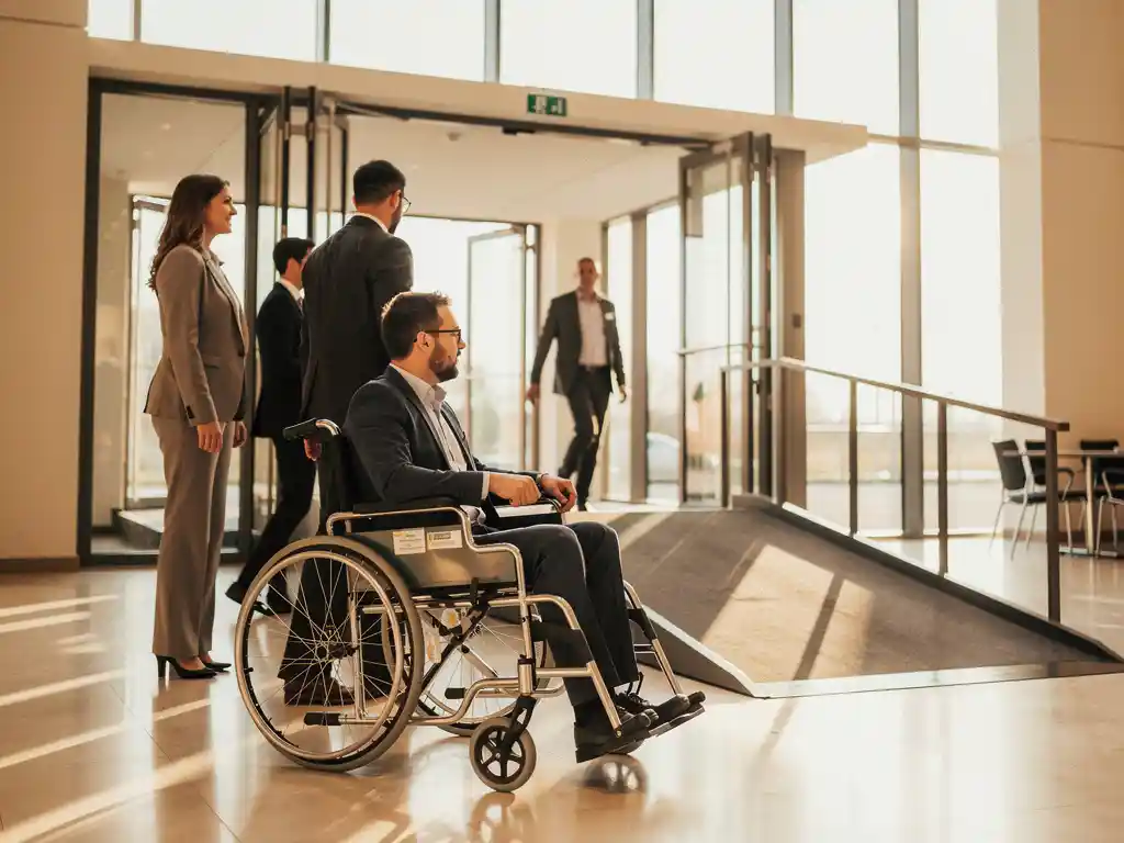 Rolstoelgebruiker rijdt zelfverzekerd door toegankelijke conferentiehalentrance met helling, omringd door andere bezoekers in warm natuurlijk licht.