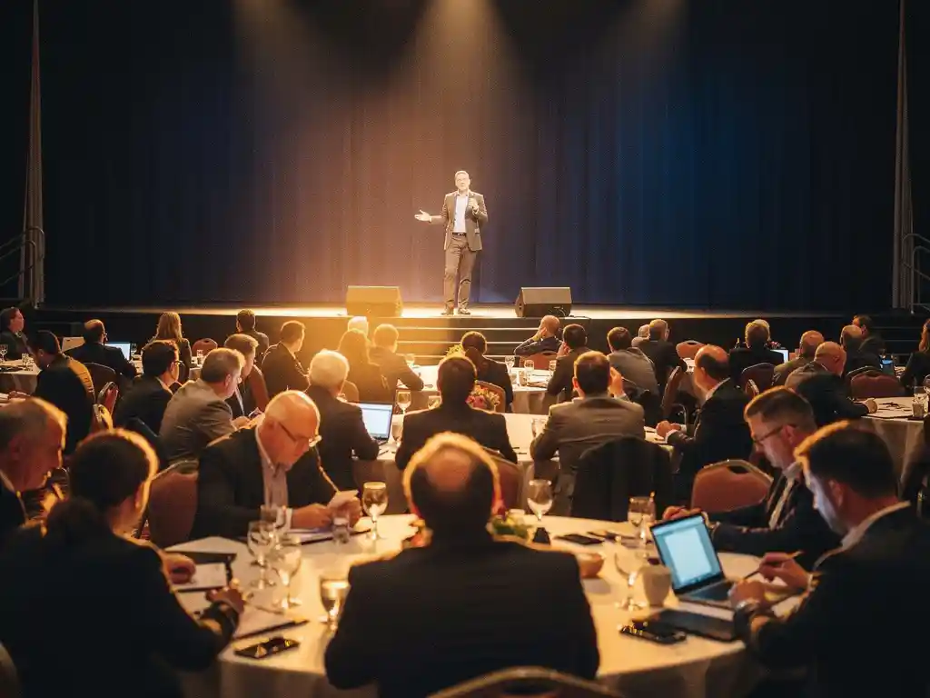 Spreker op verlicht podium in volle conferentiezaal, publiek maakt aantekeningen aan ronde tafels in warm amberkleurig licht.