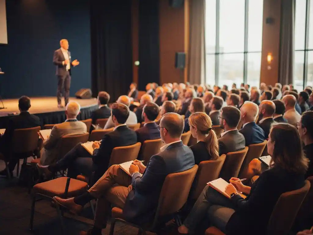 Professionele spreker op verlicht podium voor groot publiek in moderne conferentiezaal met warme amberkleurige verlichting.