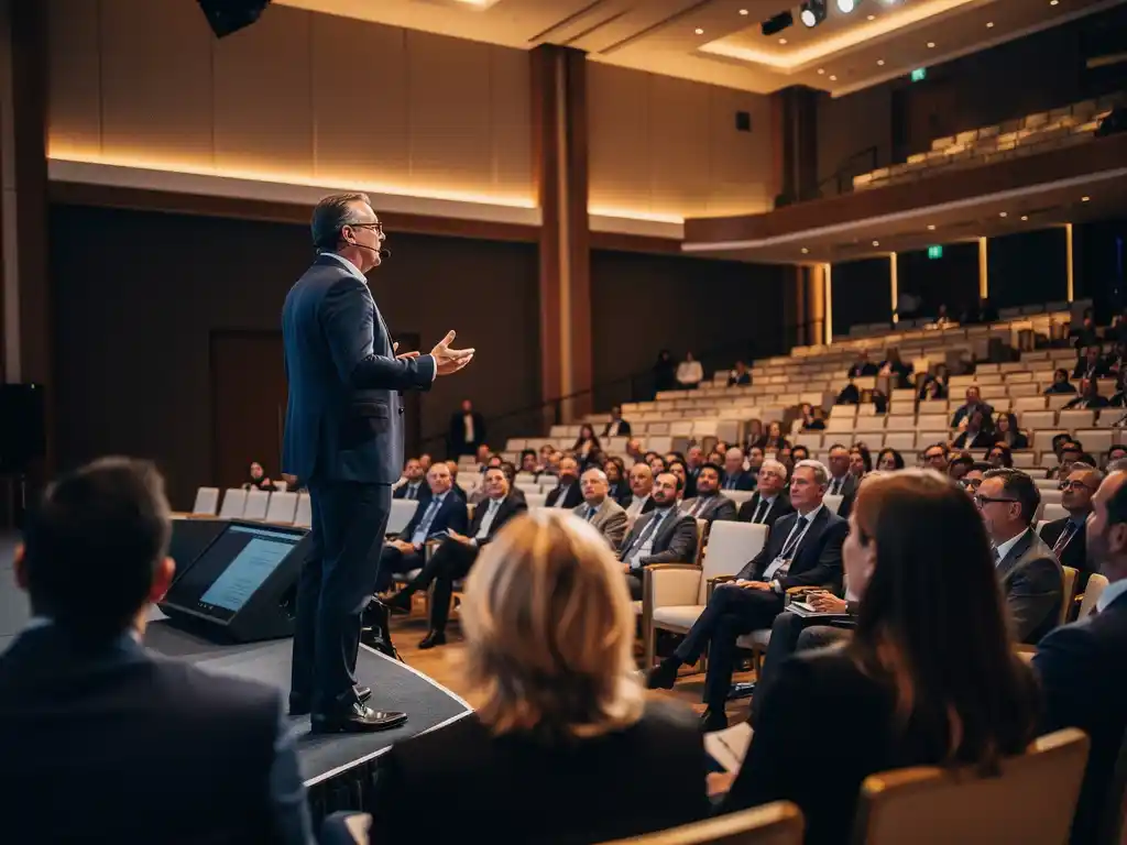 Spreker op podium in moderne conferentiezaal met publiek van professionals onder warm amberkleurig licht.