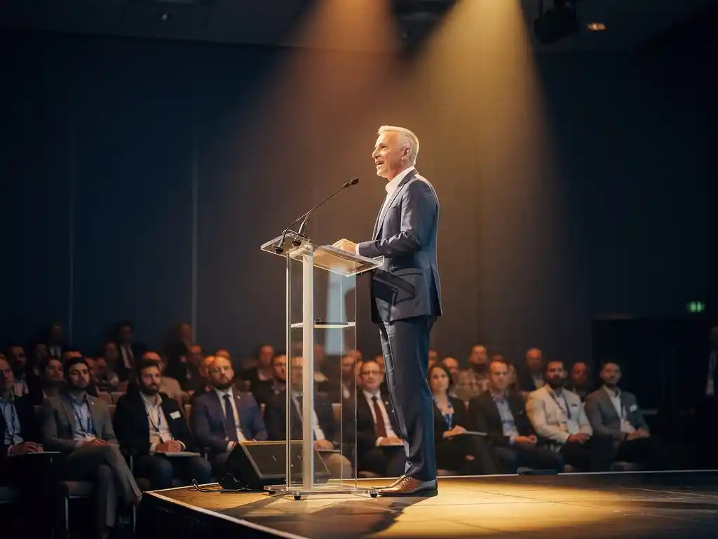 Spreker achter glazen podium op verlicht conferentiepodium met betrokken publiek van professionals op de achtergrond.