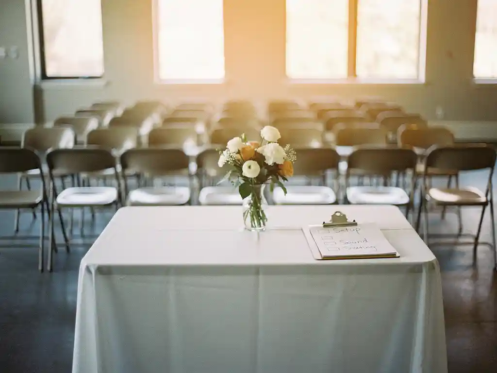 Vergaderzaal met klapstoelen in rijen, elegante bloemstuk op gedrapeerde tafel, klembord met checklist, warm natuurlijk licht door hoge ramen.