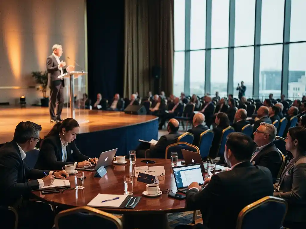 Spreker op podium in grote conferentiezaal, warm amberkleurig spotlicht, terwijl professionals aan een ronde tafel overleggen met notitieboekjes en naamkaartjes.