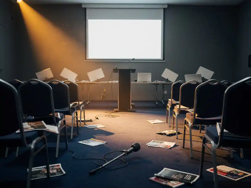 Verlaten vergaderzaal met scheve naamplaatjes, gevallen microfoon op het podium en lege stoelen met ongelezen programmaboekjes.